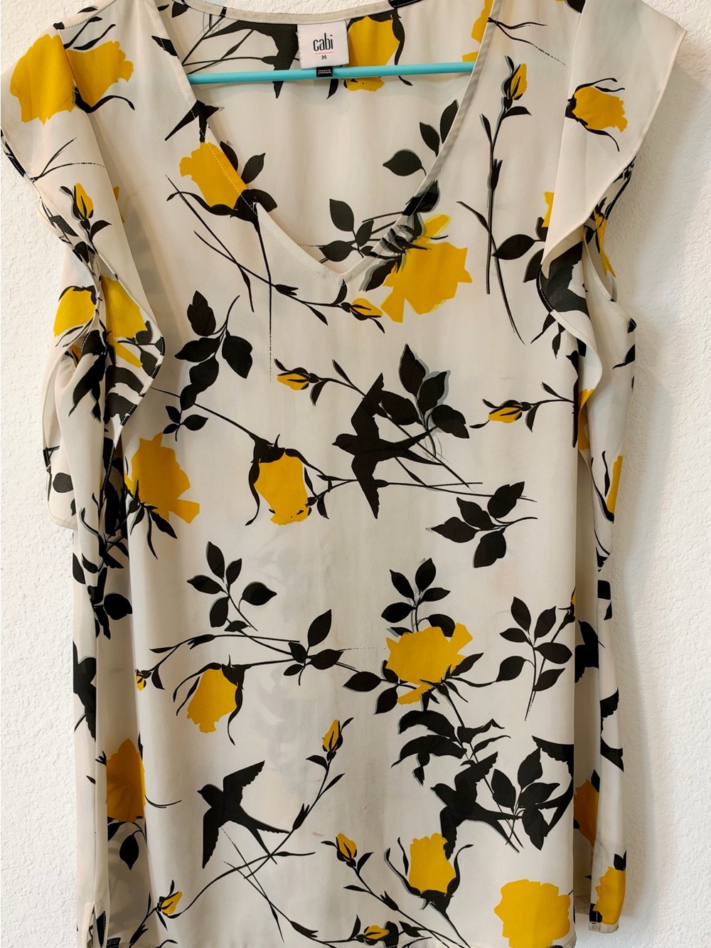 CAbi Cream topwith Yellow Floral and Black Leaf Print